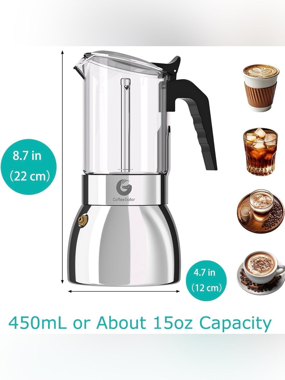 NEW 9 Cup Moka Pot Stovetop Espresso Maker Stainless Steel 15oz Coffee Gator